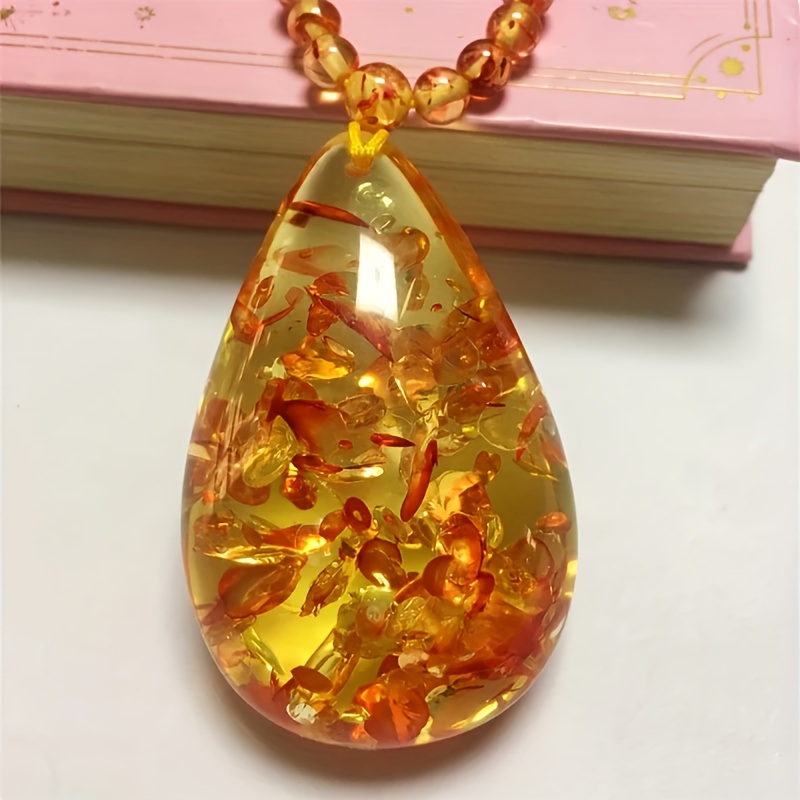 Women's Natural Baltic Amber Flower Water Drop Pendant Necklace